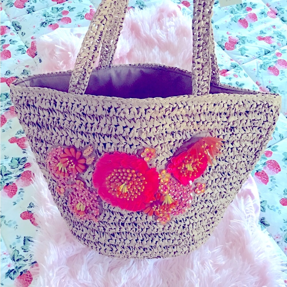 New Summer Vacay Beach Tan and Pink Floral Tote Bag with Woven Texture Handmade